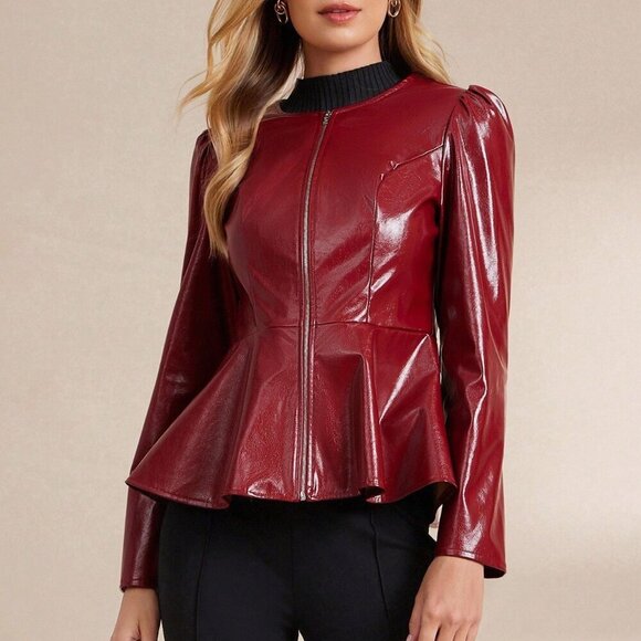BURGUNDY FAUX LEATHER ZIP UP PUFF SLEEVE FLARED RUFFLED HEM JACKET - Picture 6 of 7
